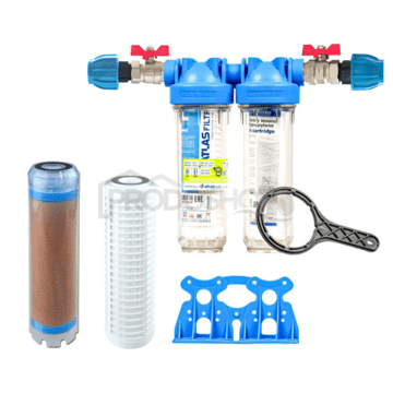 Set filtre Senior 10" DUO. Conexiune completa 1". Filtrarea impurităților, reducerea fierului și manganului