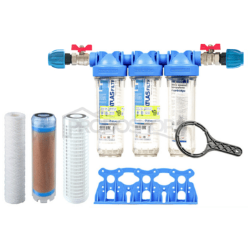 Set filtre Senior 10" TRIO. Conexiune completă 1". Filtrarea impurităților, reducerea fierului și manganului (FE SX)