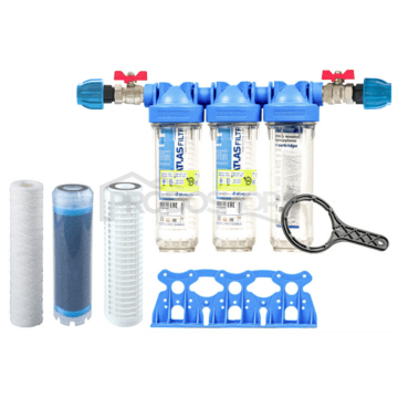 Set filtre Senior 10" TRIO. Conexiune completă 1". Filtrarea murdăriei, mirosului și gustului (LA-SX)