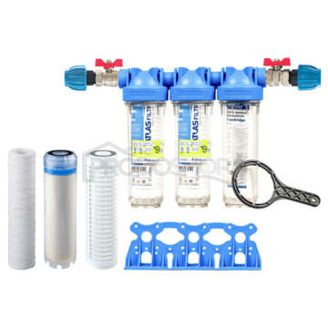 Set filtre Senior 10" TRIO. Conexiune completă 1". Reducerea nitraților în apă (QA 10 AF-SX)